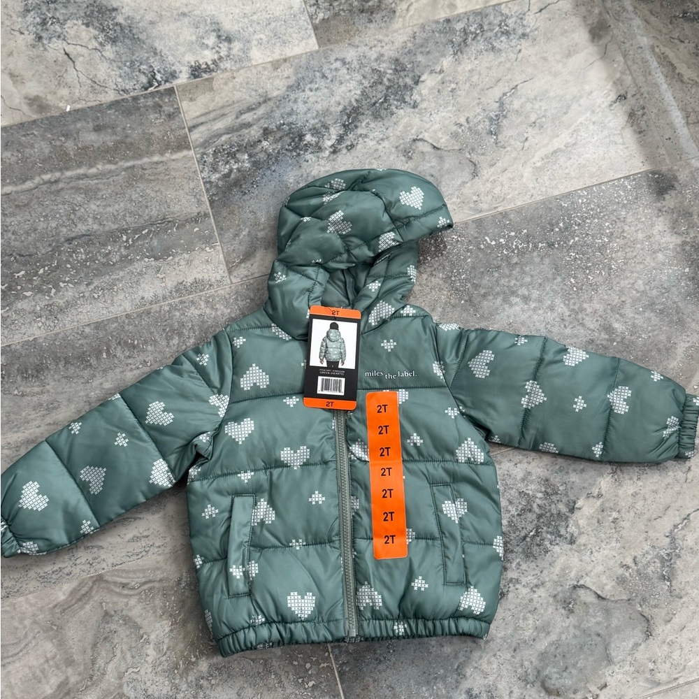 Miles the Label Green Puffer Jacket with Heart Pattern